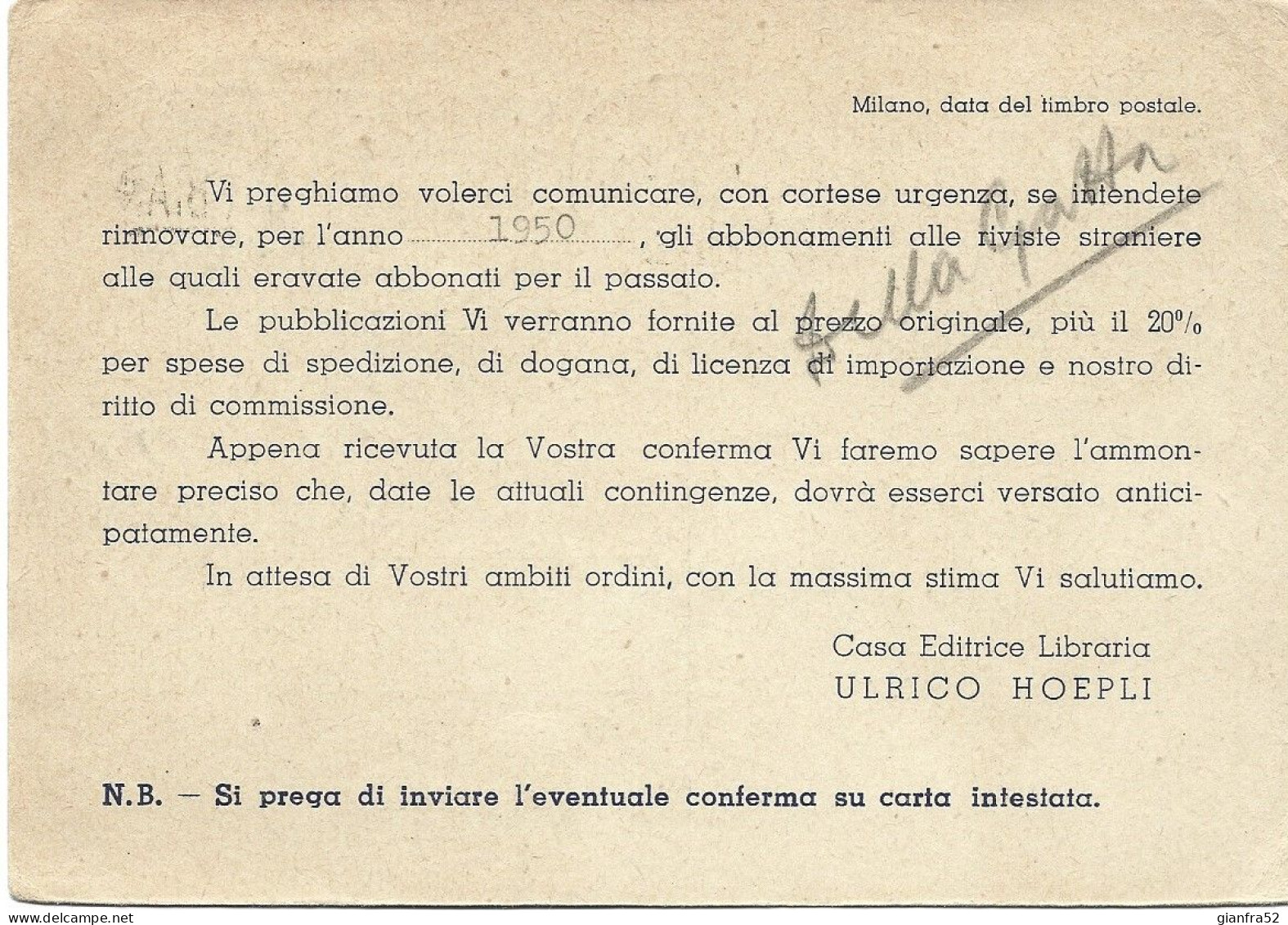 STORIA POSTALE 24/10/1949 CARTOLINA COMMERCIALE EDITRICE HOEPLI LIT 5 CON LIT 5 DEMOC. ISOLATO N. 555 - Publicité