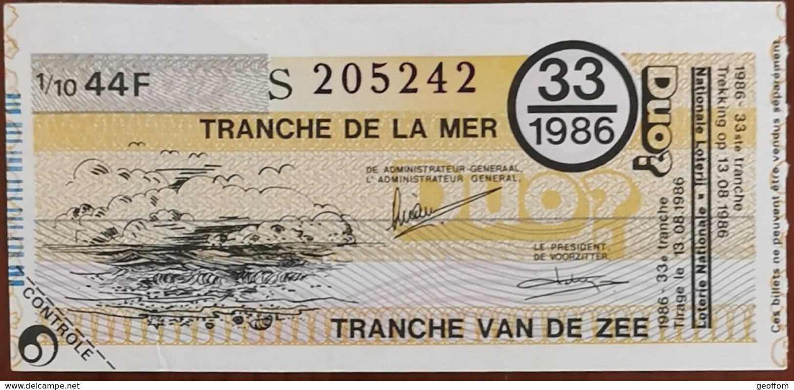 Billet De Loterie Nationale Belgique 1986 33e Tranche De La Mer - 13-8-1986 - Biglietti Della Lotteria