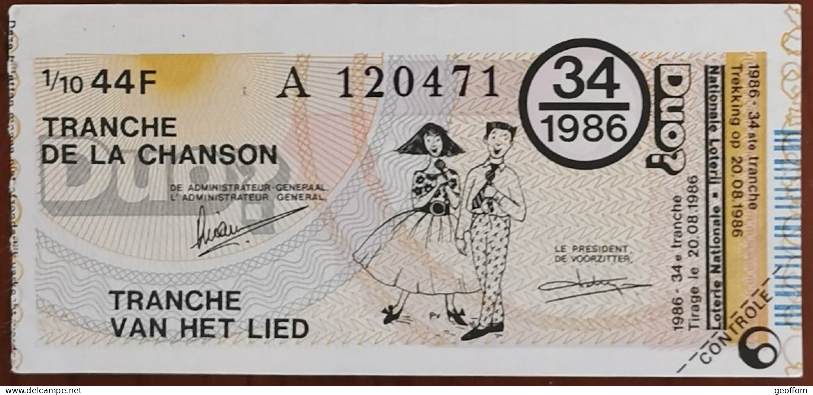 Billet De Loterie Nationale Belgique 1986 34e Tranche De La Chanson - 20-8-1986 - Billetes De Lotería