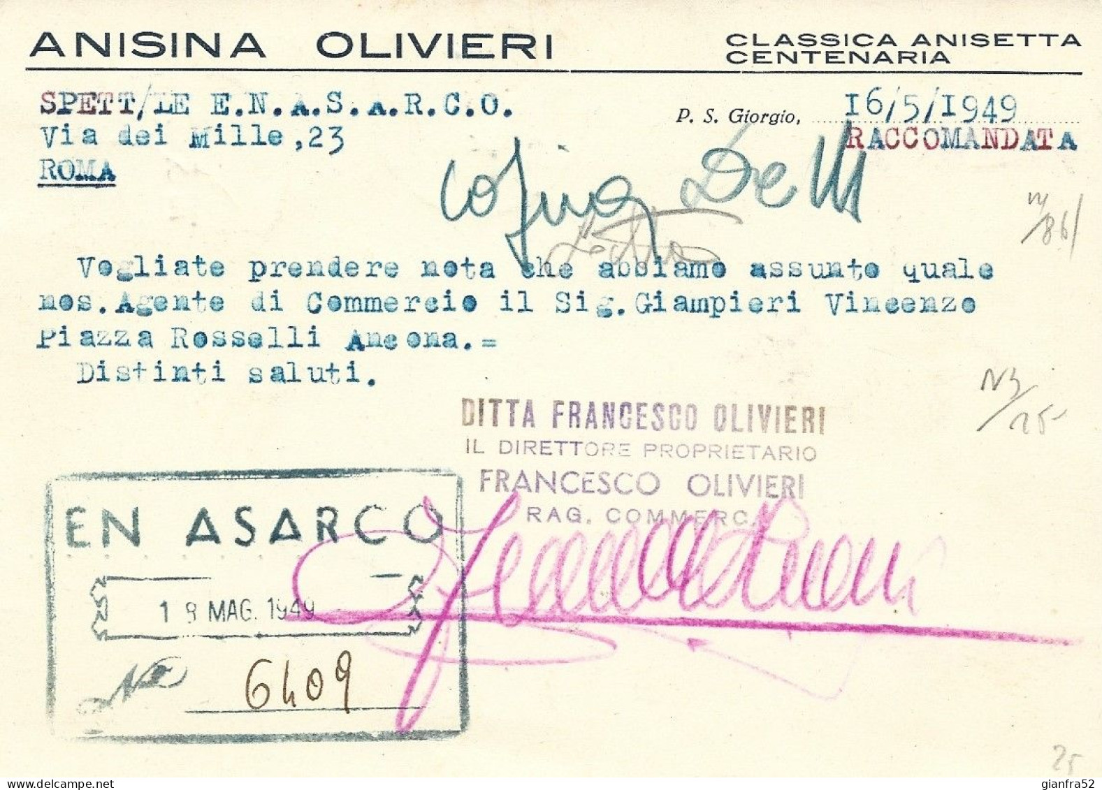 CARTOLINA COMMERCIALE PUBBLICITARIA "DITTA OLIVIERI" VIAGGIATA - Reclame