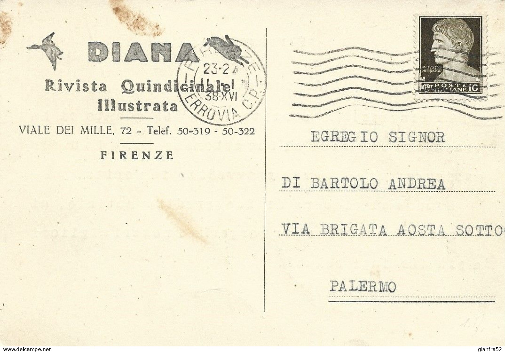 STORIA POSTALE 11/1/1938 CARTOLINA COMMERCIALE "RIVISTA DIANA" CON 10 CENT. IMPERIALE ISOLATO N. 245 - Reclame