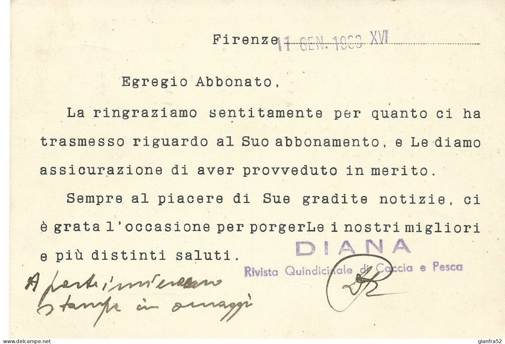STORIA POSTALE 11/1/1938 CARTOLINA COMMERCIALE "RIVISTA DIANA" CON 10 CENT. IMPERIALE ISOLATO N. 245 - Pubblicitari