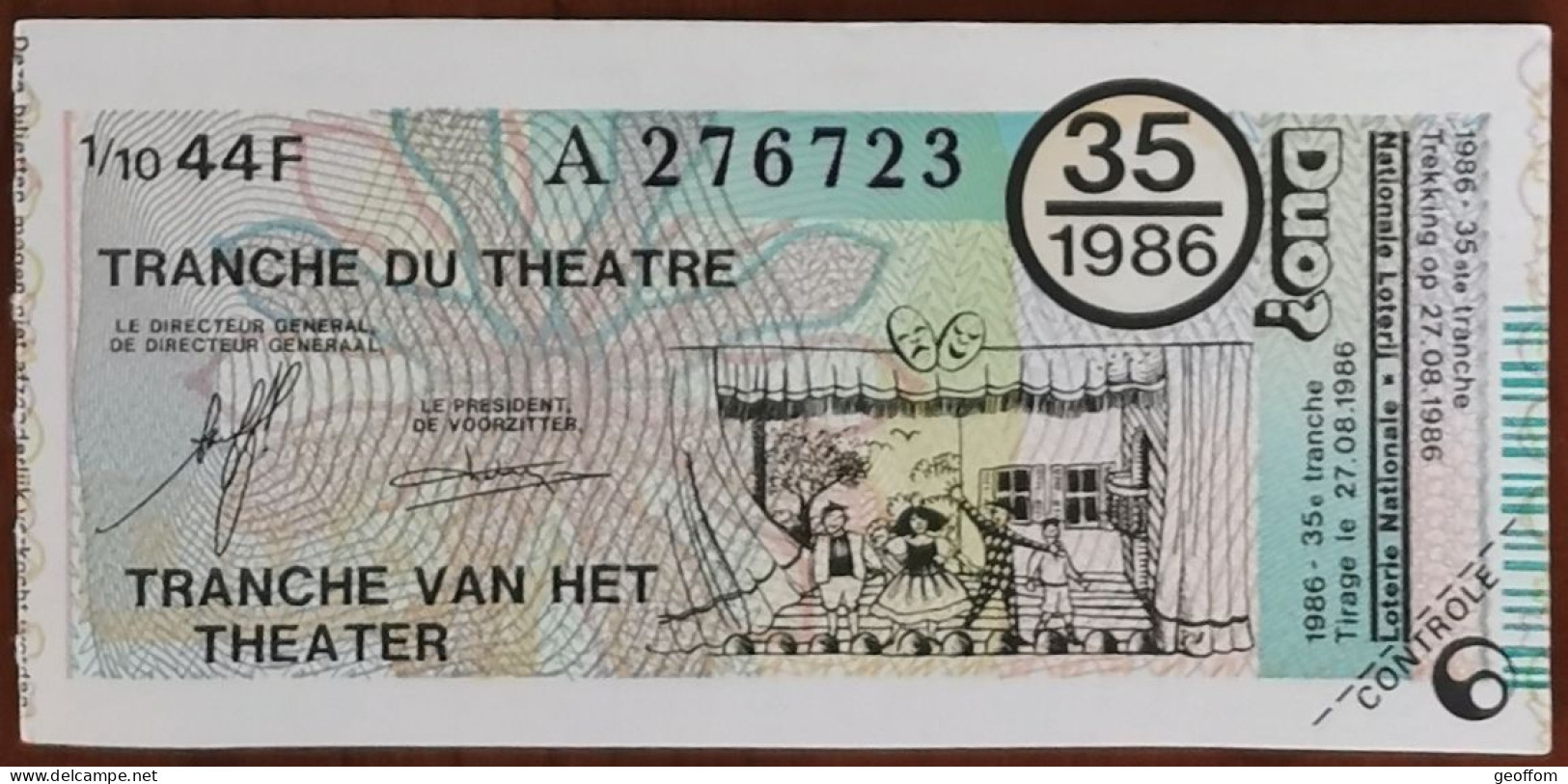 Billet De Loterie Nationale Belgique 1986 35e Tranche Du Théâtre - 27-8-1986 - Billetes De Lotería