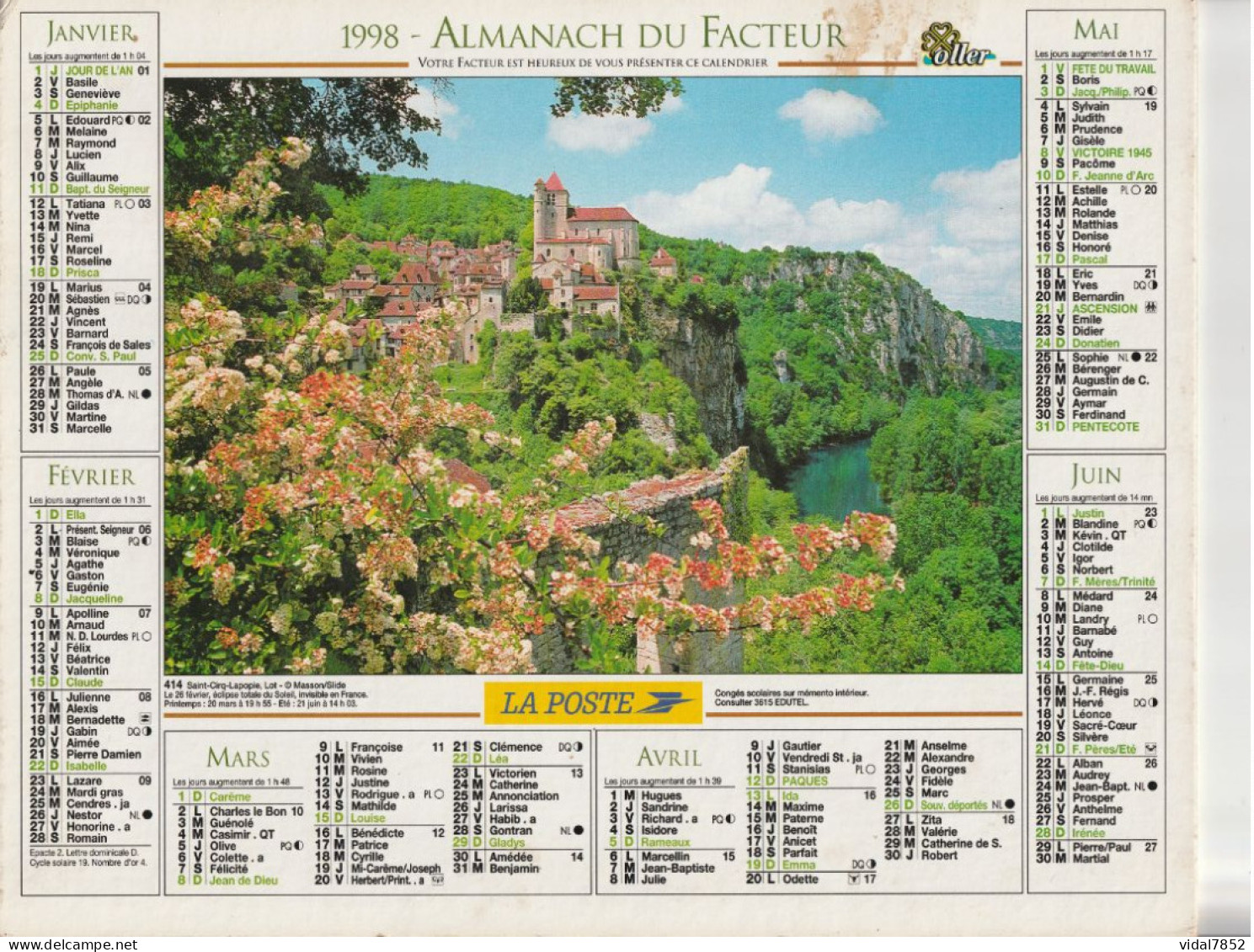 Calendrier-Almanach Des P.T.T 1998 -St Cirq Lapopie- Sarlat-Département AIN-01-414-OLLER - Grossformat : 1991-00