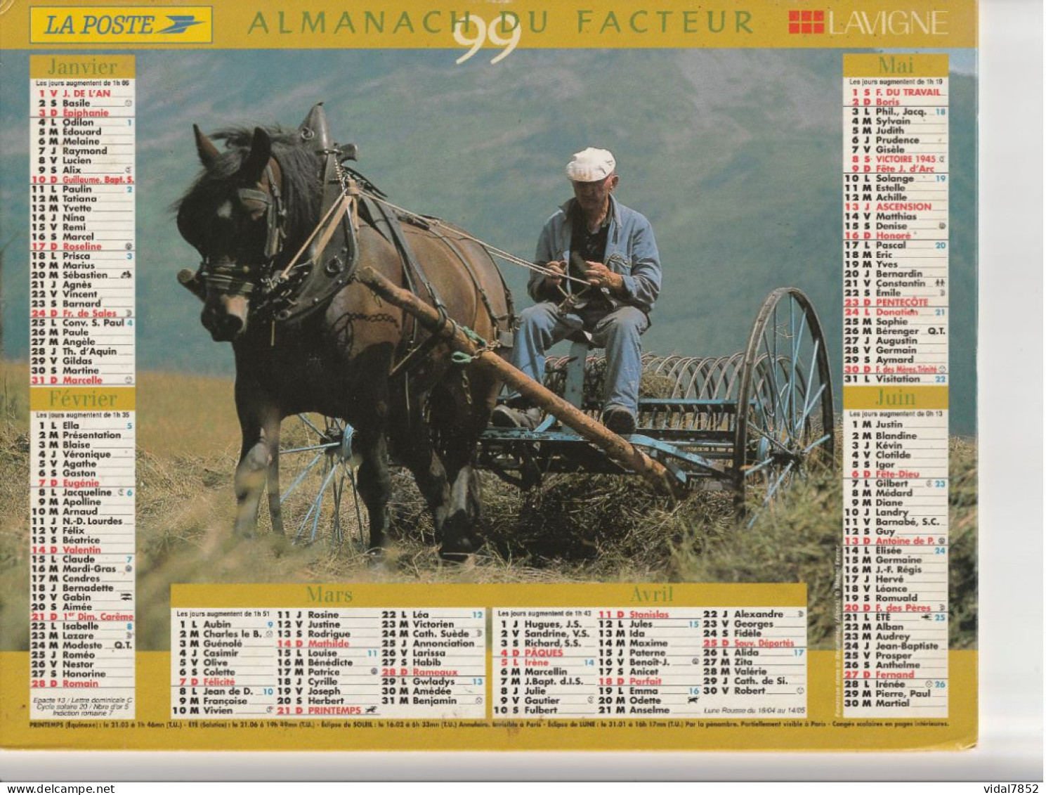 Calendrier-Almanach Des P.T.T 1999 Fenaison Dans Le Beaufortain-Battage à L'anciennne-Département AIN-01- LAVIGNE - Tamaño Grande : 1991-00