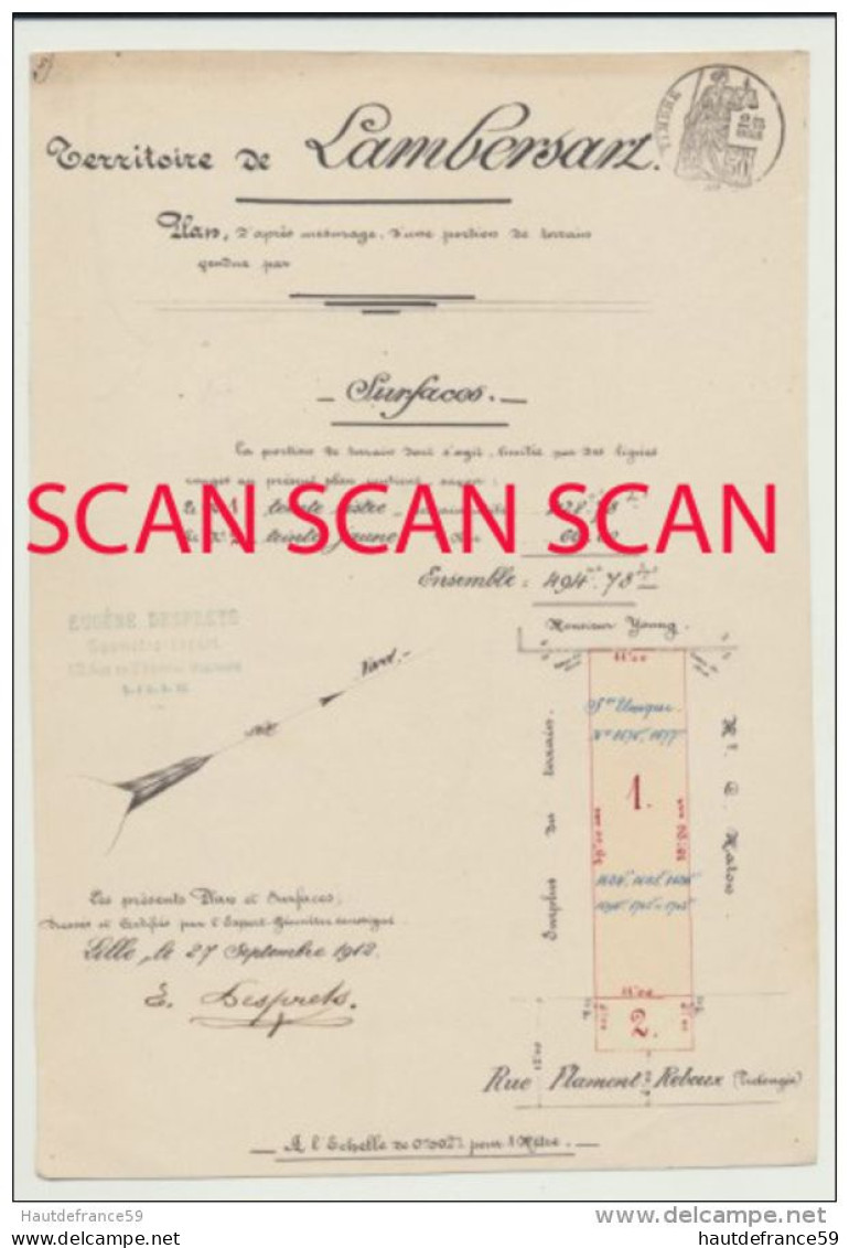 RARE Ancien Plan Original De Géomètre 1912 Territoire De LAMBERSART Plan & Surfaces Certifié Signé DESPRETS Lille - Topographische Kaarten