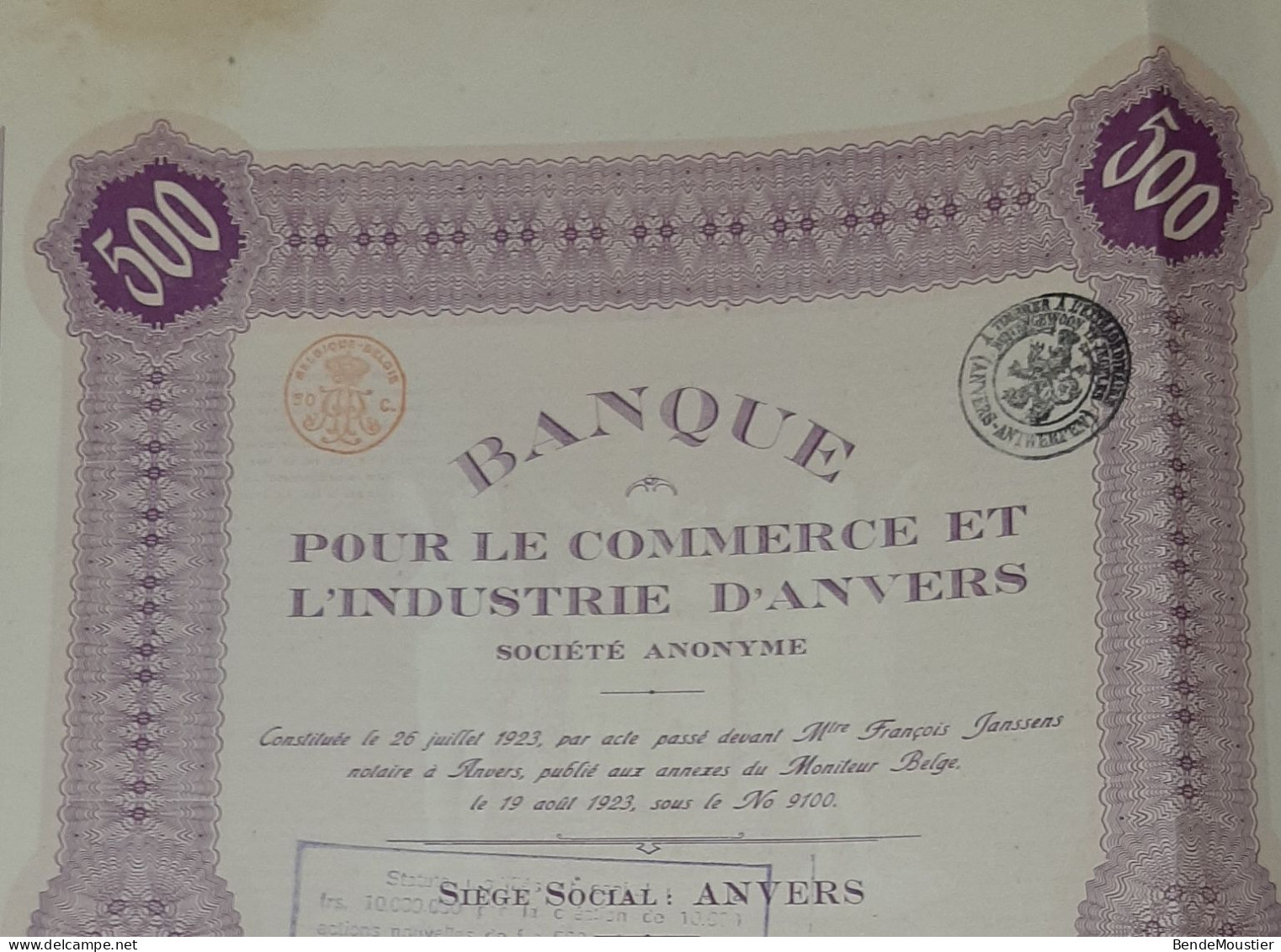 Banque Pour Le Commerce Et L'industrie D'Anvers - Action De Capital De 500 Frs - Anvers 1923 - Bank & Insurance