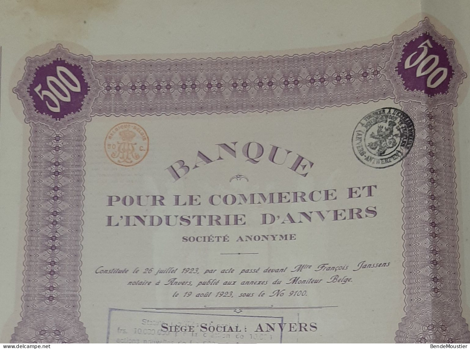 Banque Pour Le Commerce Et L'industrie D'Anvers - Action De Capital De 500 Frs - Anvers 1923 - Banque & Assurance