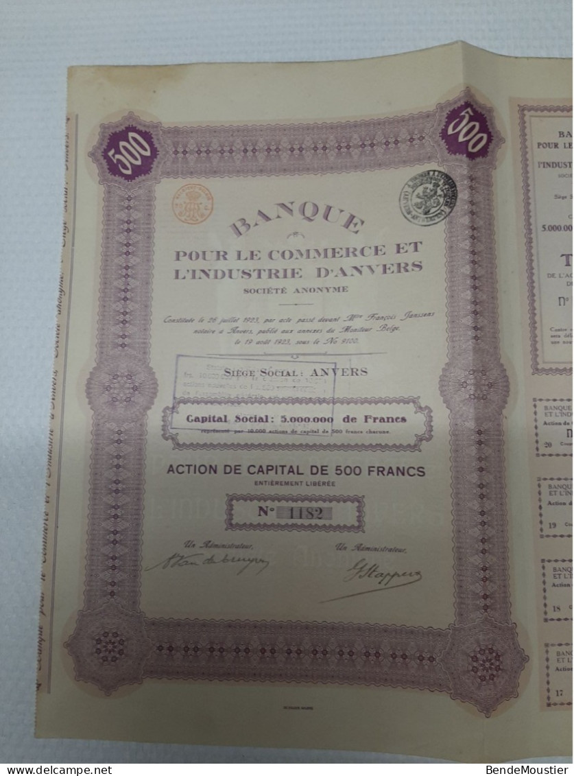 Banque Pour Le Commerce Et L'industrie D'Anvers - Action De Capital De 500 Frs - Anvers 1923 - Bank & Insurance