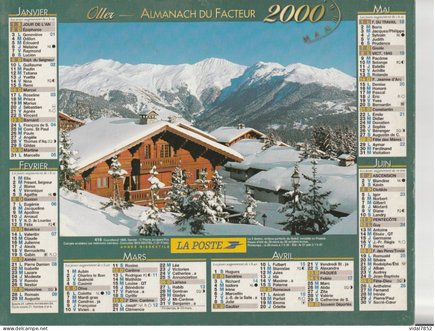 Calendrier-Almanach Des P.T.T 2000 Courchevel 1800-Chaine Des Fiz-Département AIN-01-416-OLLER - Grand Format : 1991-00