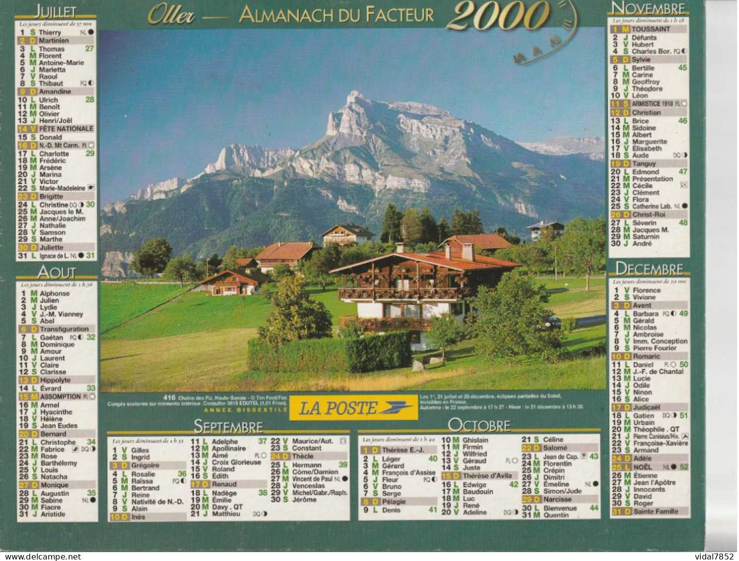 Calendrier-Almanach Des P.T.T 2000 Courchevel 1800-Chaine Des Fiz-Département AIN-01-416-OLLER - Tamaño Grande : 1991-00