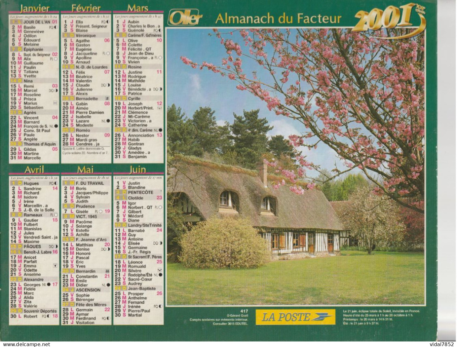 Calendrier-Almanach Des P.T.T 2001 Maison Toit Chaume-Eglise De Rougegoutte-Département AIN-01-417-OLLER - Big : 2001-...