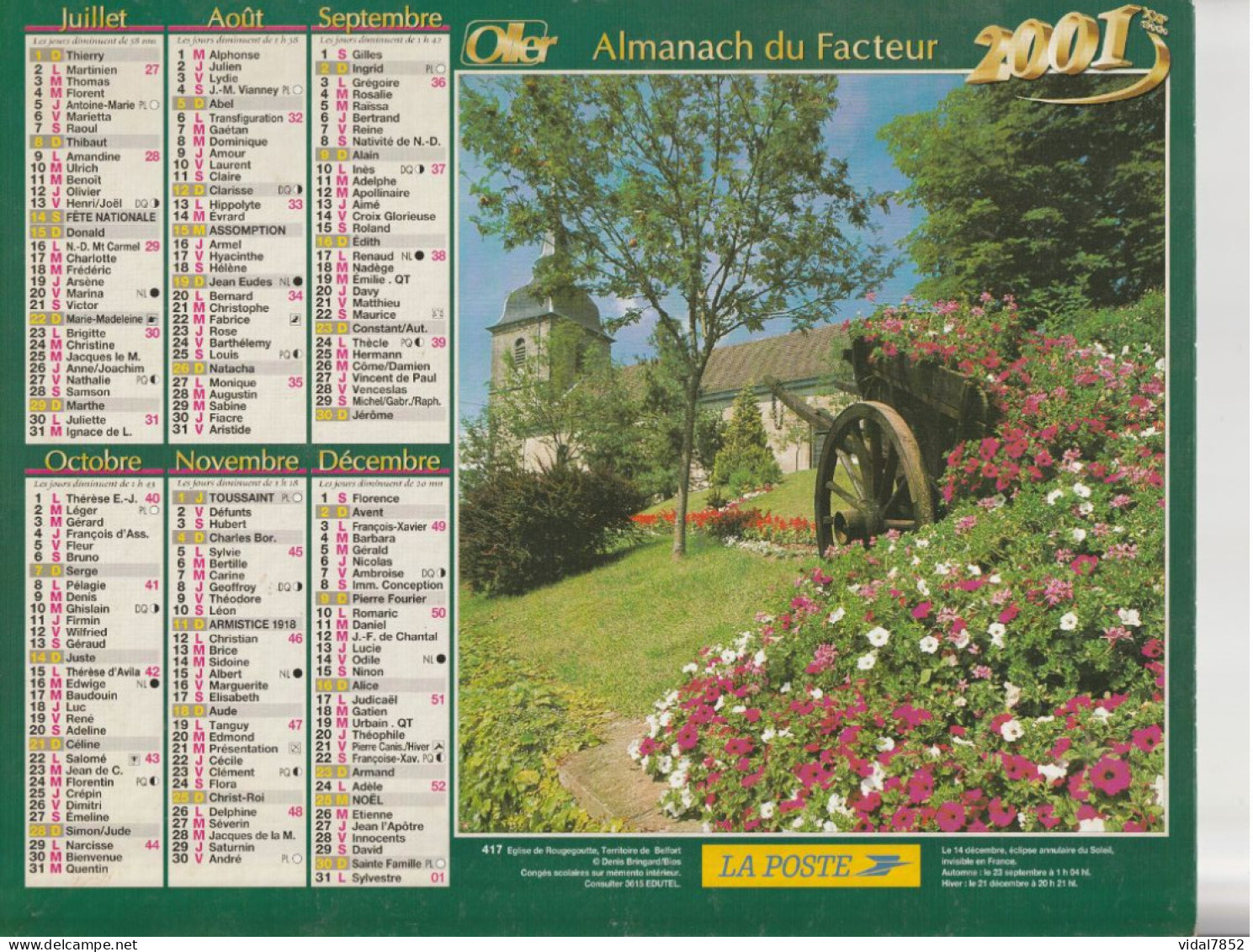 Calendrier-Almanach Des P.T.T 2001 Maison Toit Chaume-Eglise De Rougegoutte-Département AIN-01-417-OLLER - Big : 2001-...