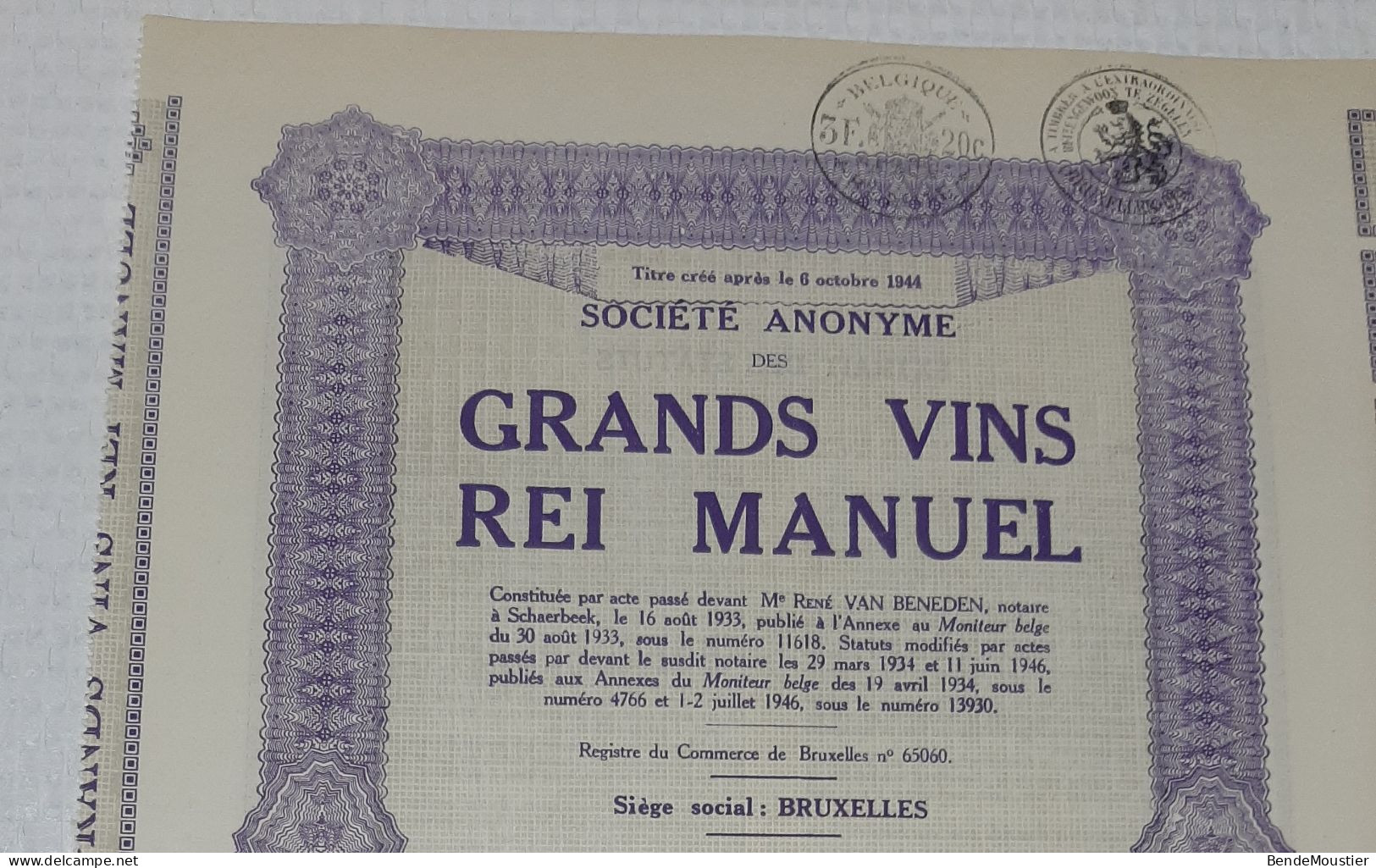 Grands Vins Rei Manuel - Action De Capital De 500 Frs Au Porteur - Bruxelles 1946. - Agriculture