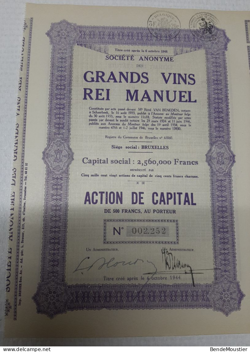 Grands Vins Rei Manuel - Action De Capital De 500 Frs Au Porteur - Bruxelles 1946. - Landbouw