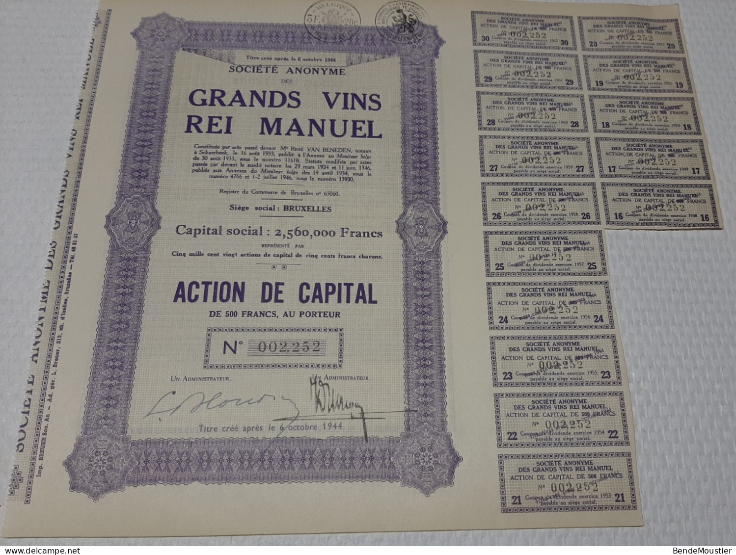 Grands Vins Rei Manuel - Action De Capital De 500 Frs Au Porteur - Bruxelles 1946. - Agricultura