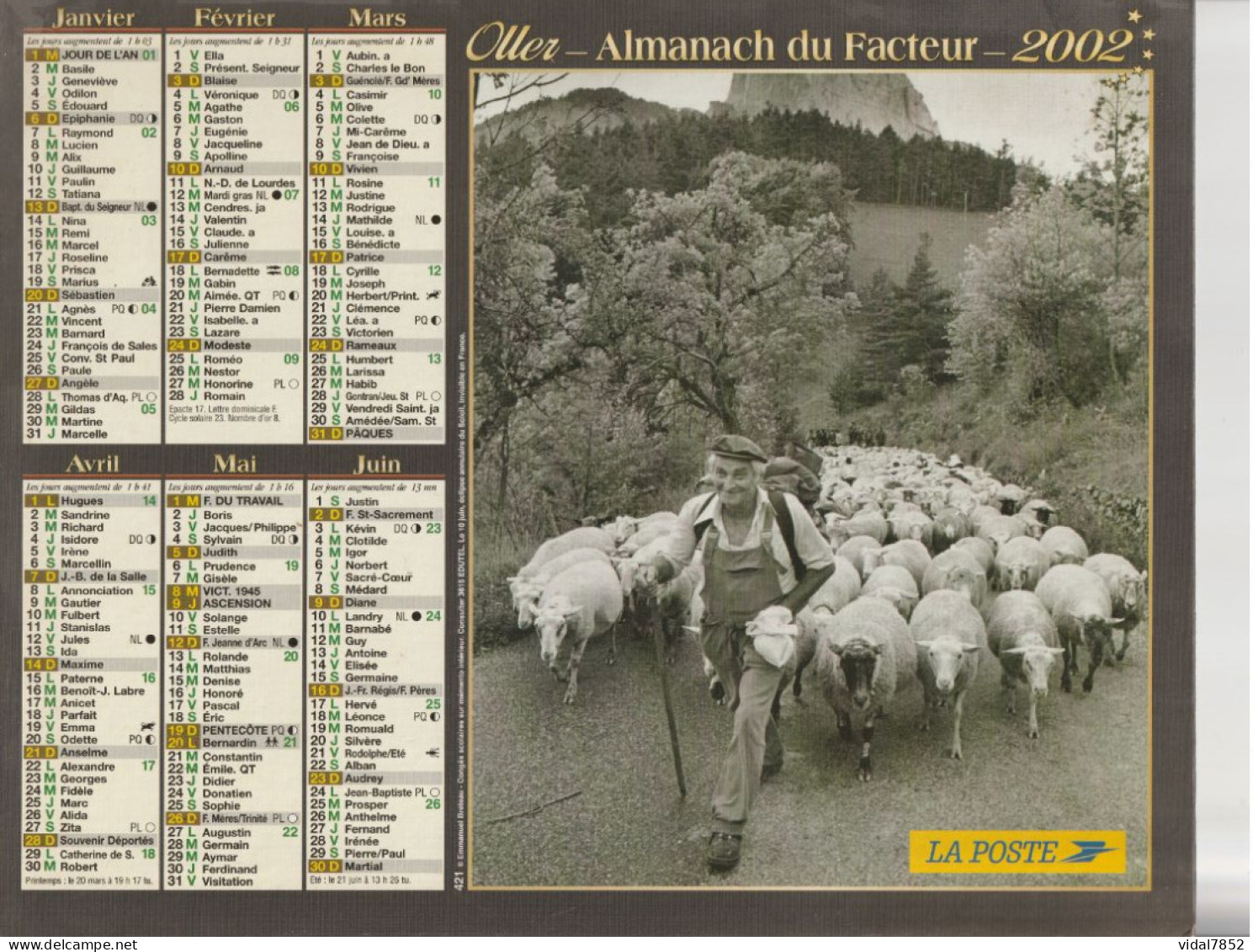 Calendrier-Almanach Des P.T.T 2002 -Département AIN-01-421-OLLER - Tamaño Grande : 2001-...