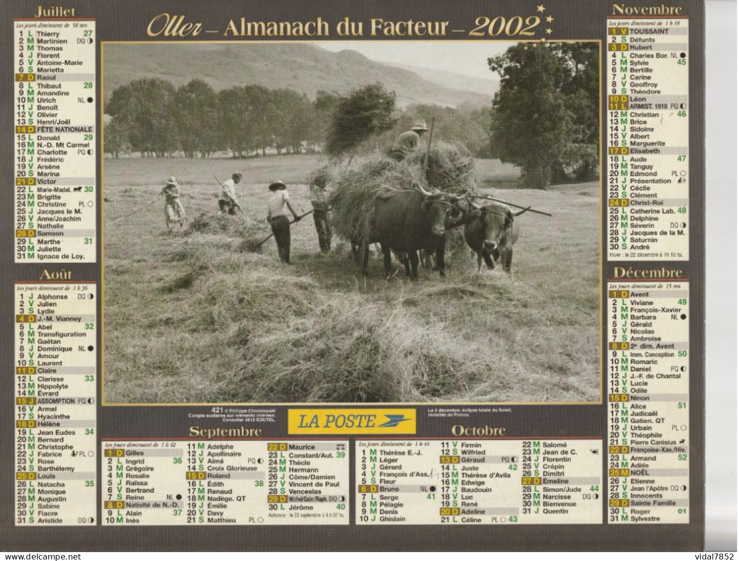 Calendrier-Almanach Des P.T.T 2002 -Département AIN-01-421-OLLER - Grossformat : 2001-...