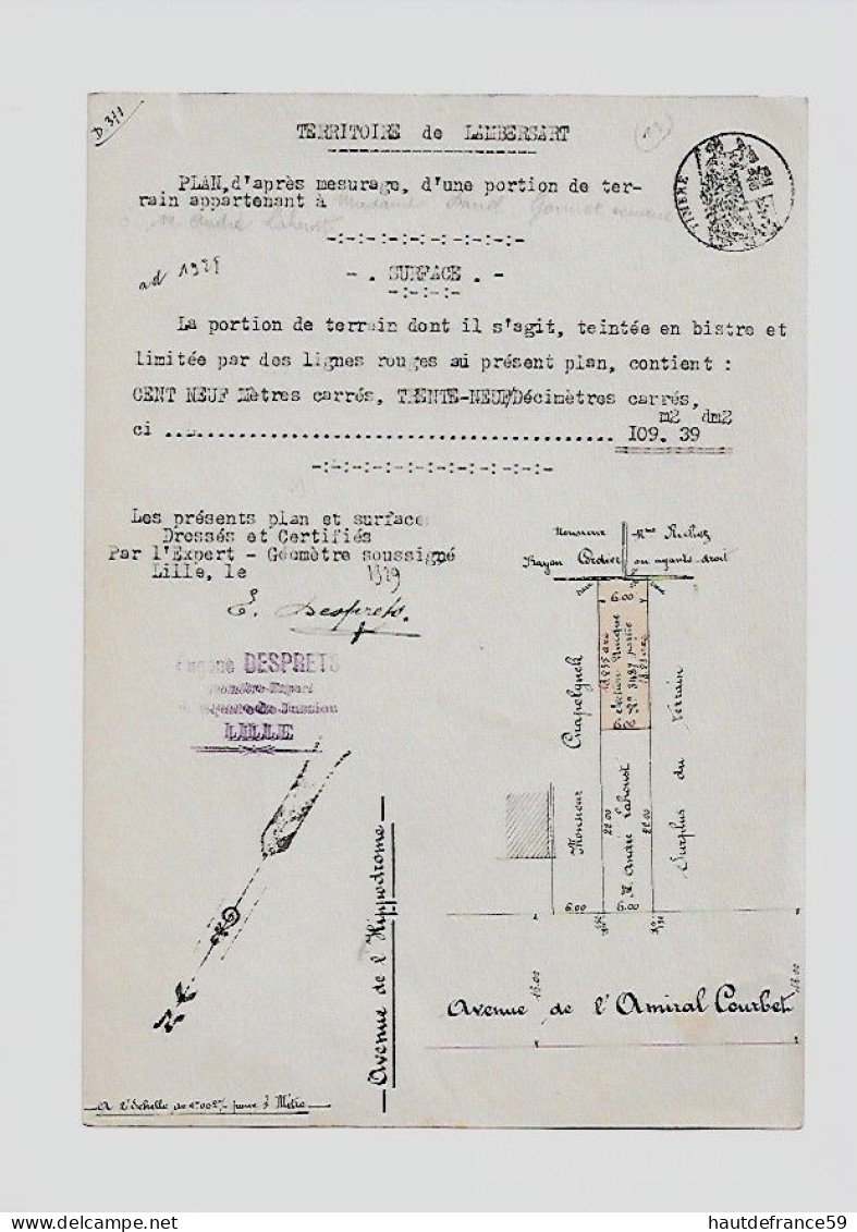RARE Ancien Plan Original De Géomètre 1929 Territoire De LAMBERSART Plan & Surfaces Certifié Signé DESPRETS Lille - Carte Topografiche