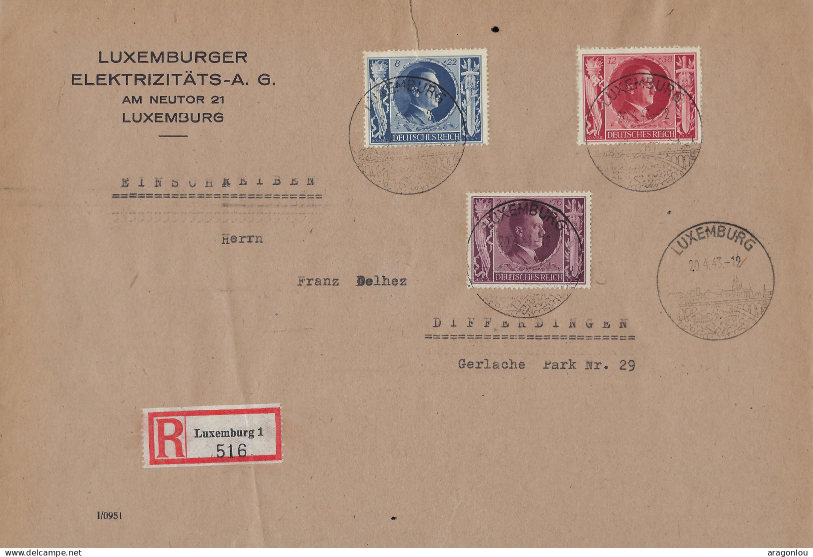 Luxembourg - Luxemburg  Occupation 2e Guerre Mondiale Lettre  Recommandé 1943 - Storia Postale