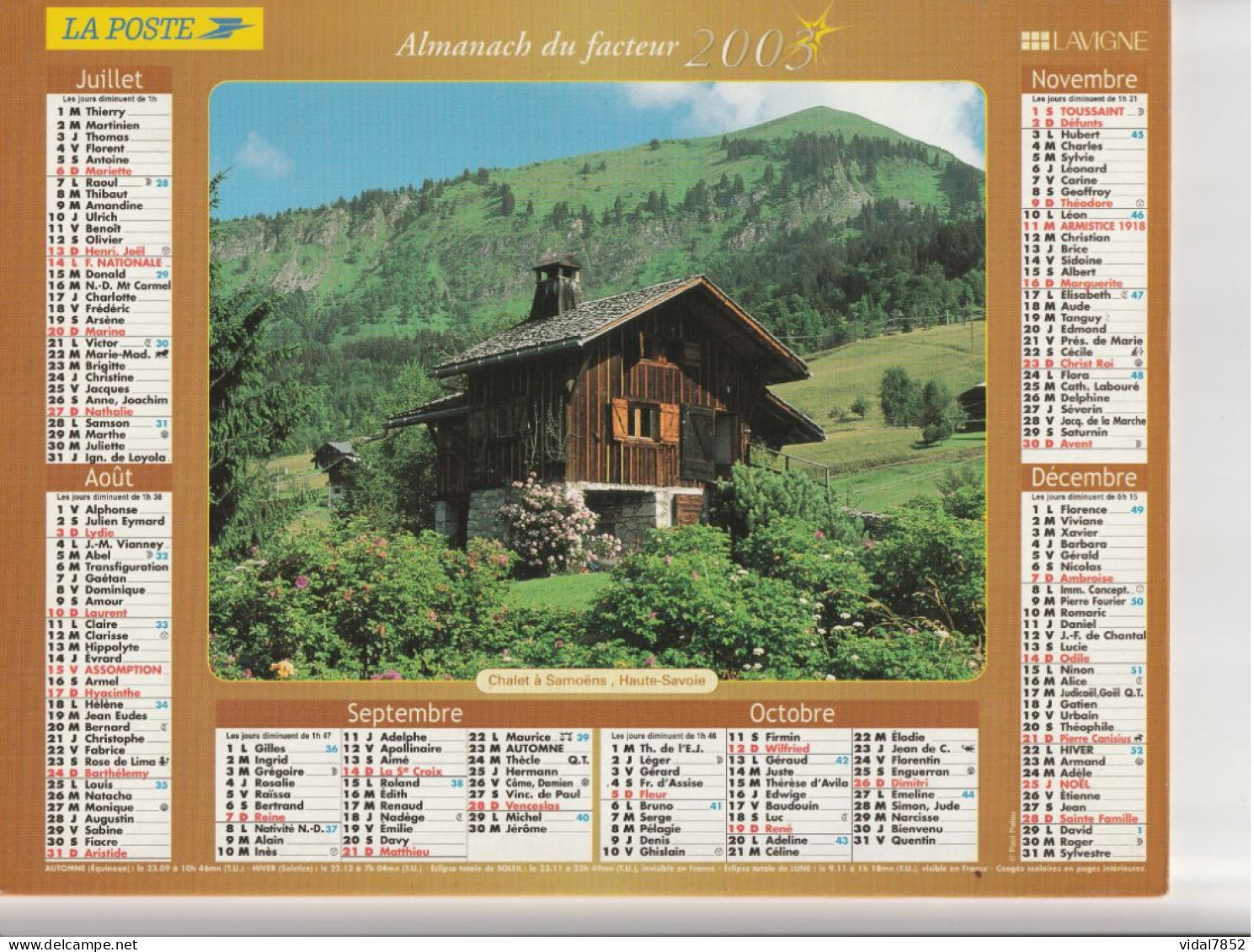 Calendrier-Almanach Des P.T.T 2003-Alpage Dans Les Aravis-Samoens -Département AIN-01-LAVIGNE - Grossformat : 2001-...