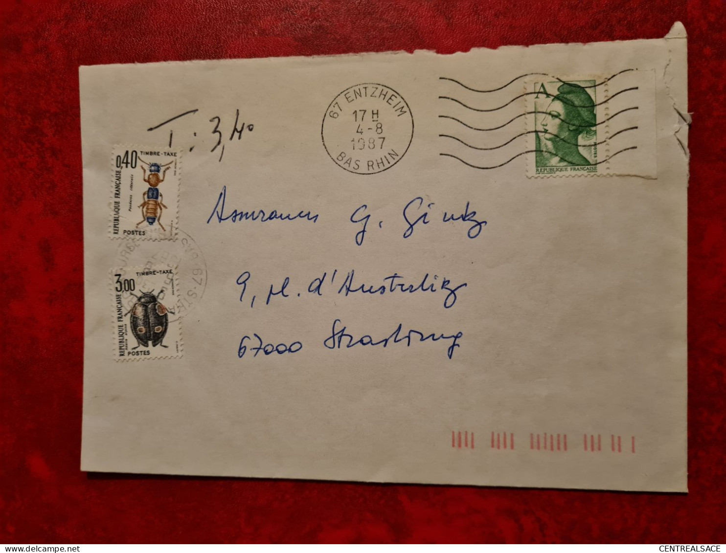 LETTRE 1987 ENTZHEIM POUR    STRASBOURG     TIMBRES TAXE COLEOPTERES - Other & Unclassified