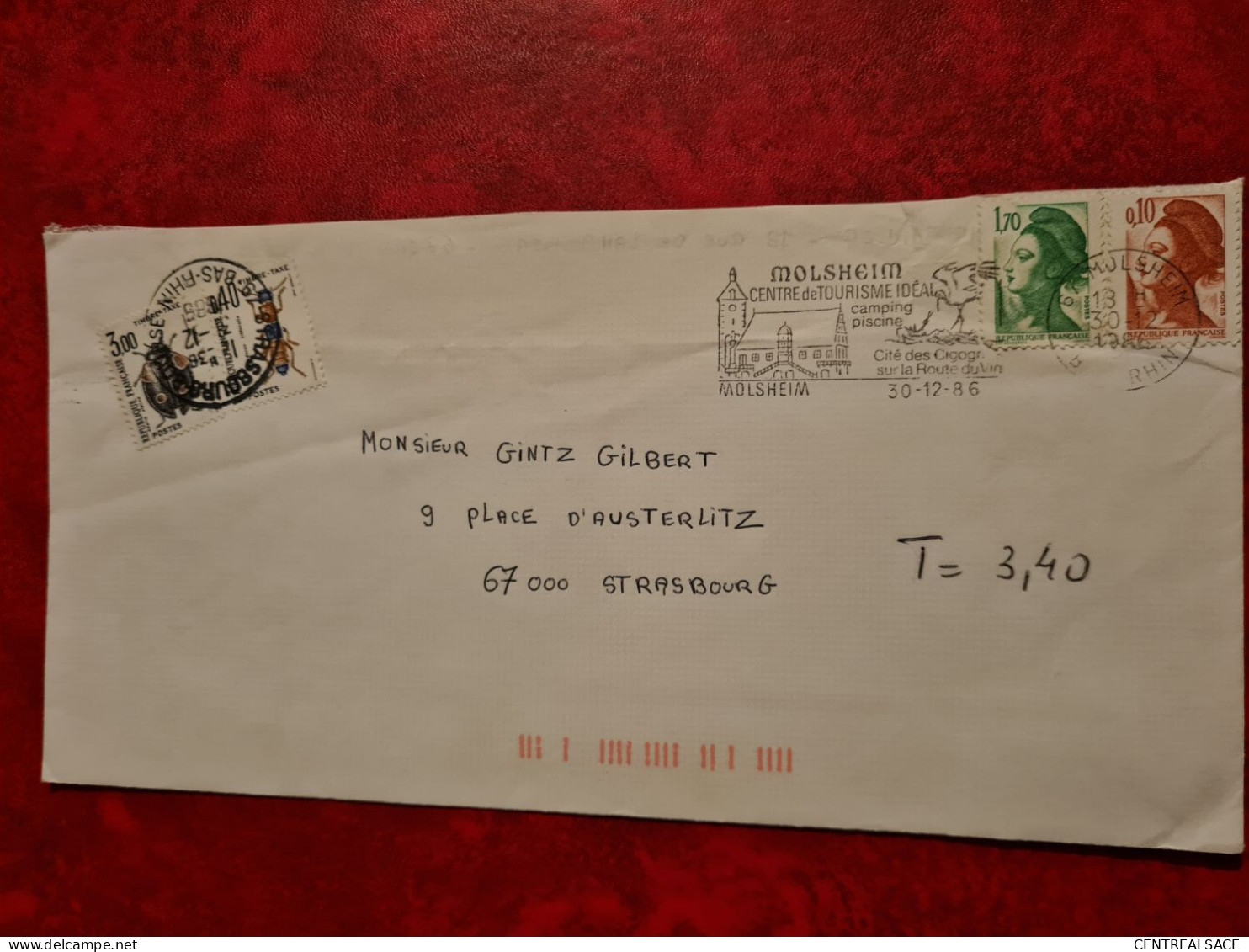 LETTRE 1986 FLAMME MOLSHEIM POUR    STRASBOURG     TIMBRES TAXE COLEOPTERES - Autres & Non Classés