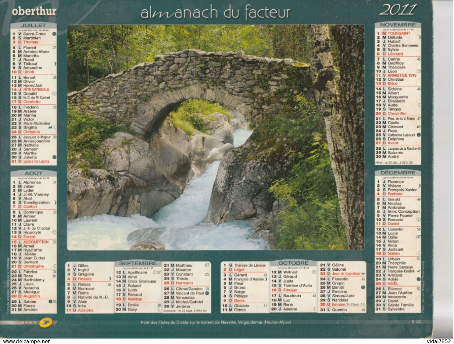 Calendrier-Almanach Des P.T.T 2011-Moulin A Eau, Tenessee-pont Des Oules -Département AIN-01-OBERTHUR - Grand Format : 2001-...