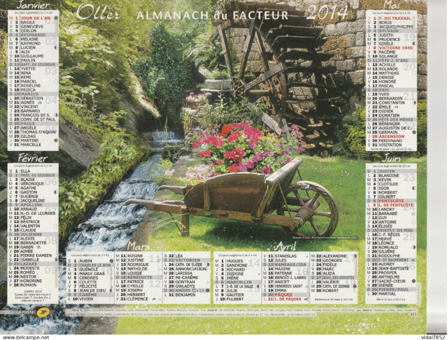 Calendrier-Almanach Des P.T.T 2014-Moulin A Eau,Rochefort En Terre- Moulin à Vent-Département AIN-01-OLLER - Big : 2001-...