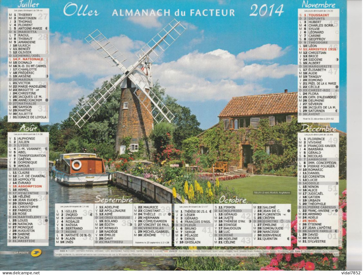 Calendrier-Almanach Des P.T.T 2014-Moulin A Eau,Rochefort En Terre- Moulin à Vent-Département AIN-01-OLLER - Big : 2001-...