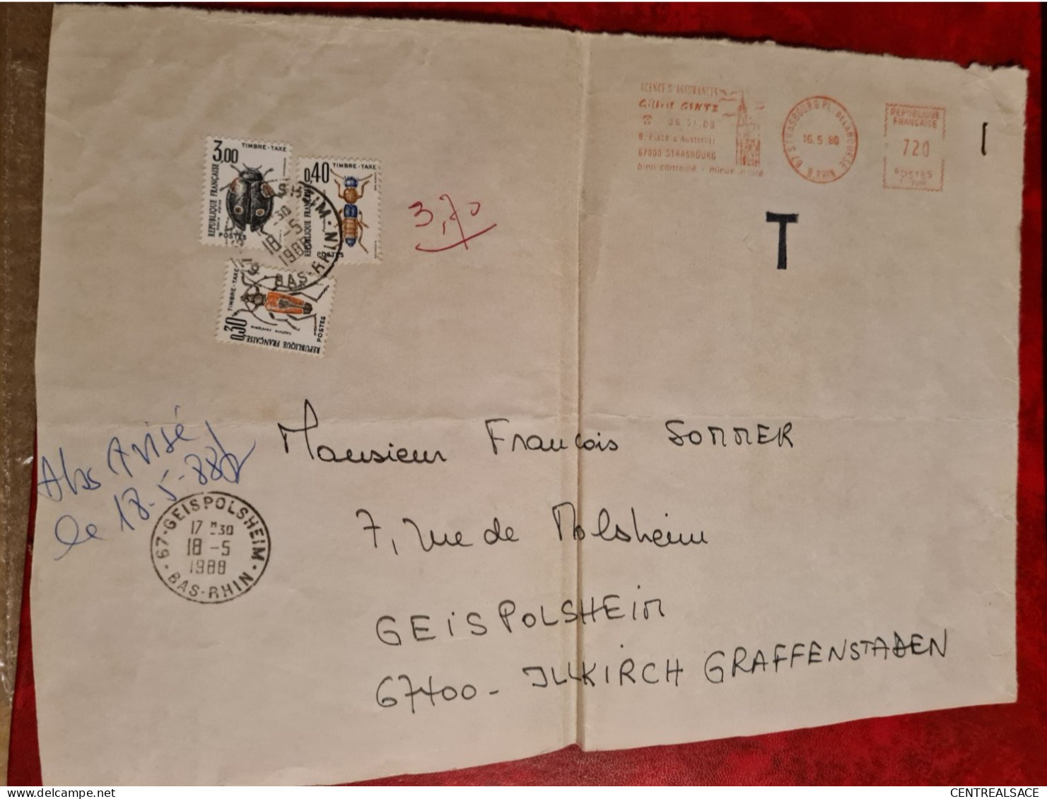 LETTRE 1988  STRASBOURG ASSURANCES GINTZ POUR GEISPOLSHEIM DEVANT LETTRE   TIMBRES TAXE COLEOPTERES - Autres & Non Classés