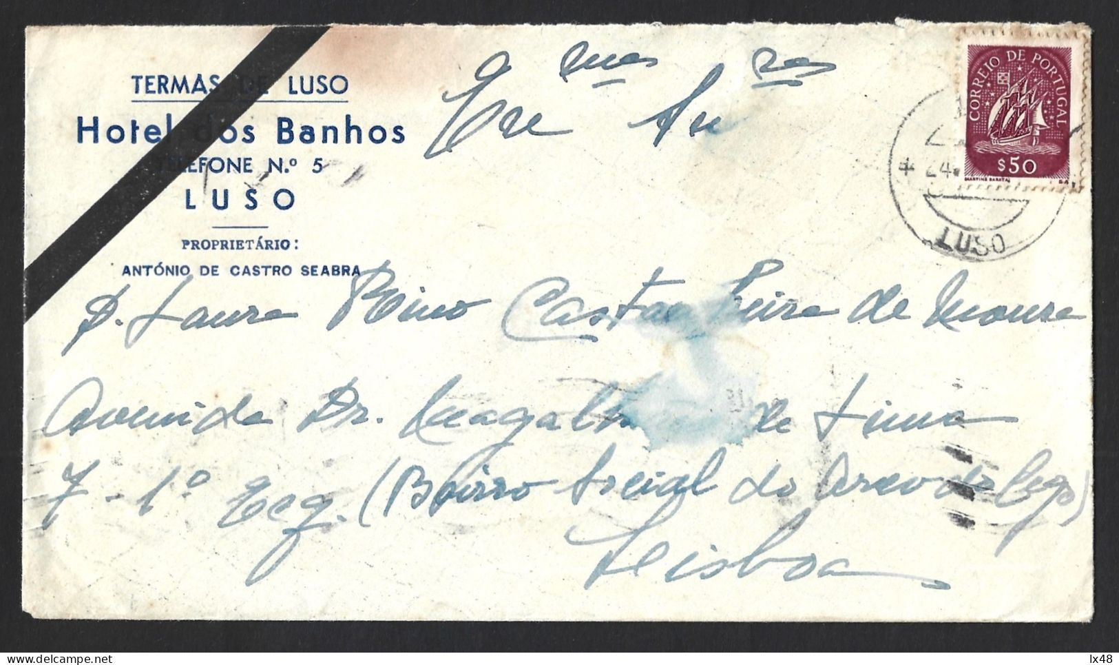 Mourning Letter From Termas Do Luso 1947. Bath Hotel, Luso. Caravela Stamp Obliterated With 'Luso' Brand. Rouwbrief Van - Kuurwezen