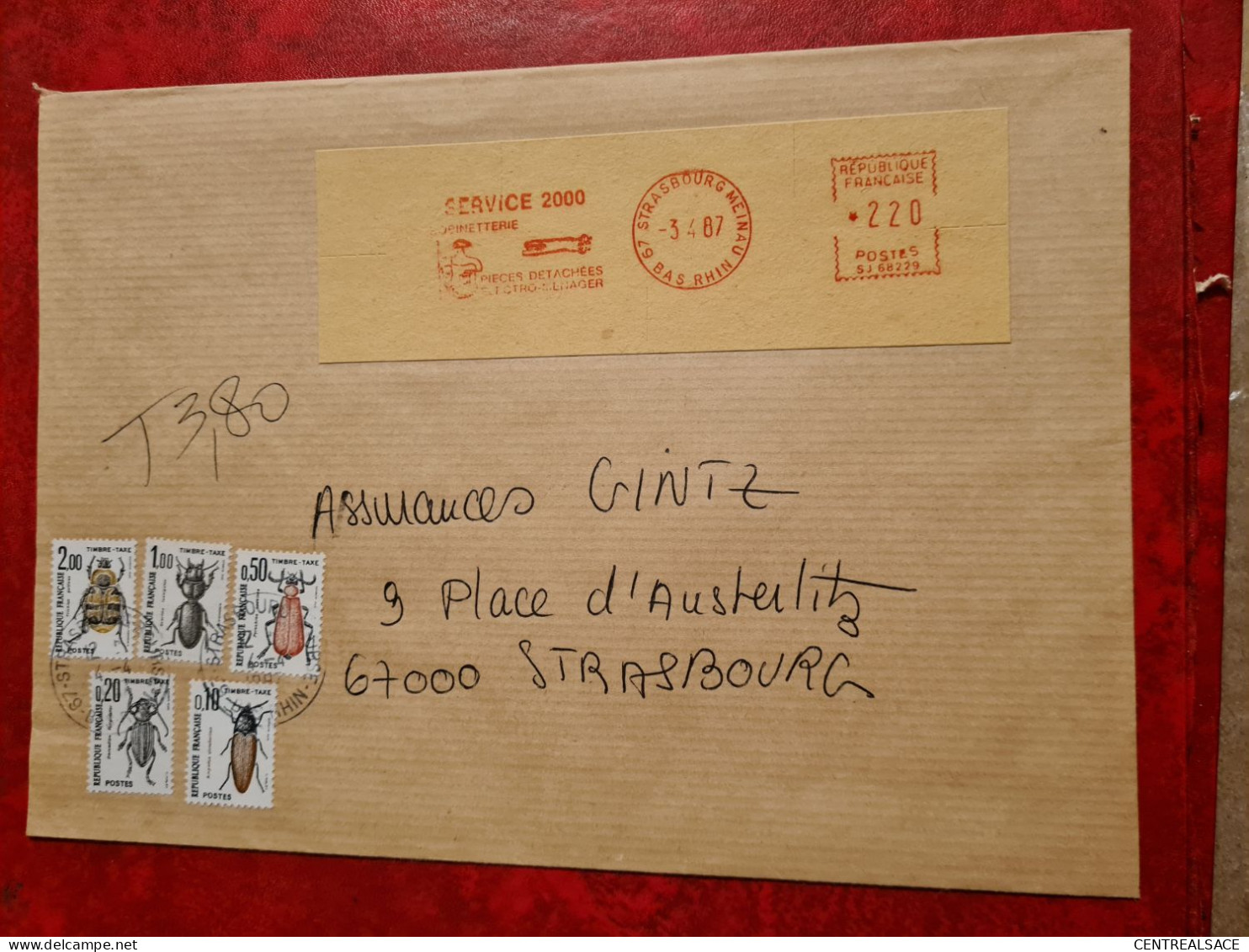 LETTRE 1987 STRASBOURG   MEINAI OBLITERATION MECANIQUE SERVICE 2000 ROBINETTERIE  TIMBRES TAXE COLEOPTERES - Other & Unclassified