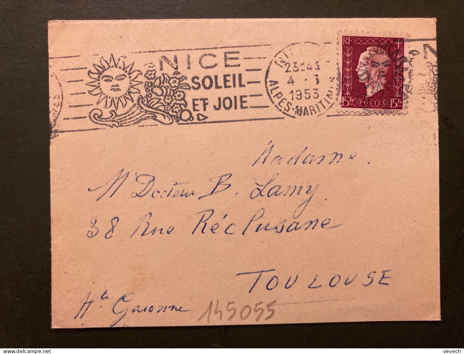 LETTRE TP MARIANNE DE DULAC 15F OBL.MEC.5-1 1953 NICE RP (06) - 1944-45 Marianne (Dulac)