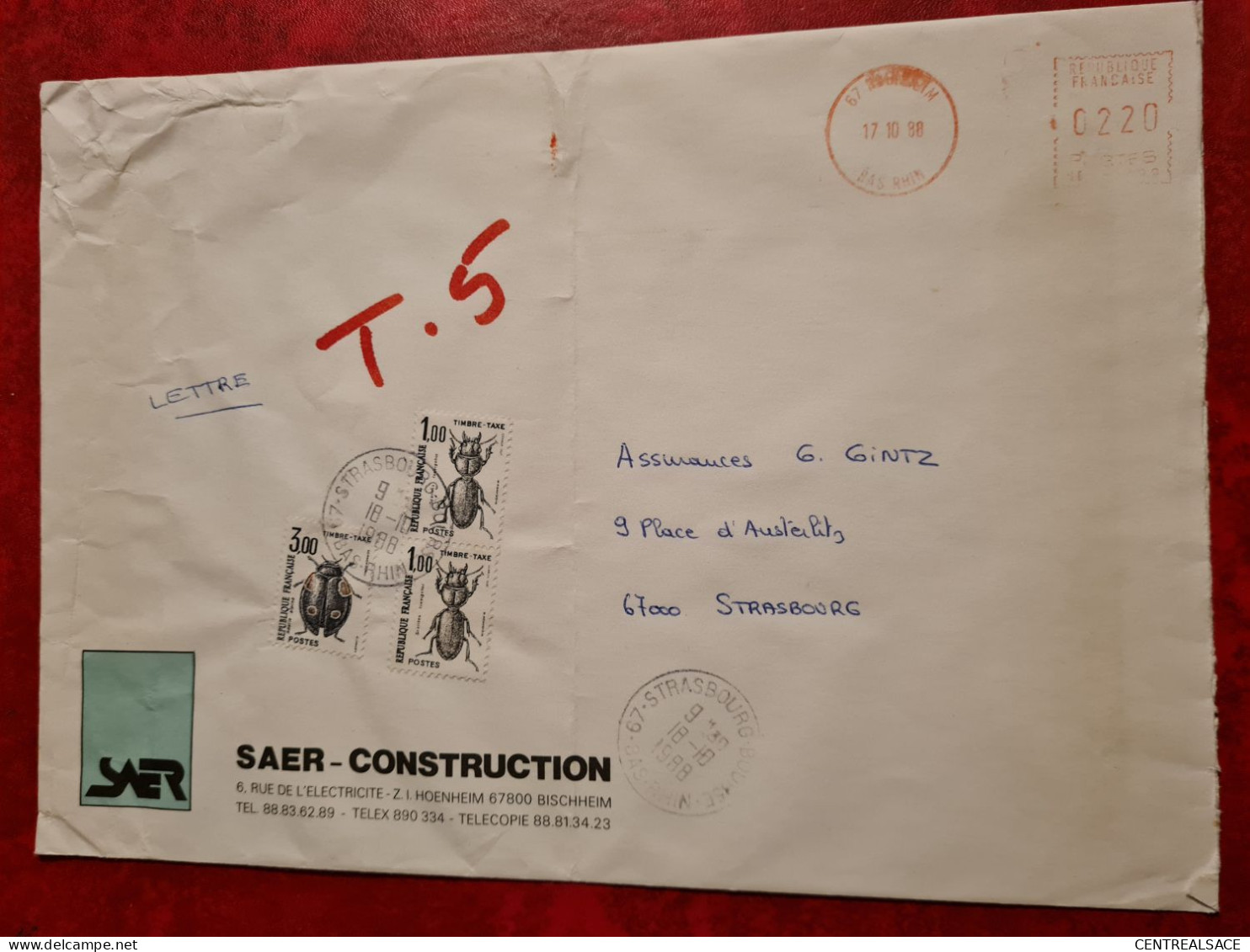 LETTRE 1988 HOENHEIM ENTETE SAER CONSTRUCTION POUR STRASBOURG   TIMBRES TAXE COLEOPTERES - Autres & Non Classés