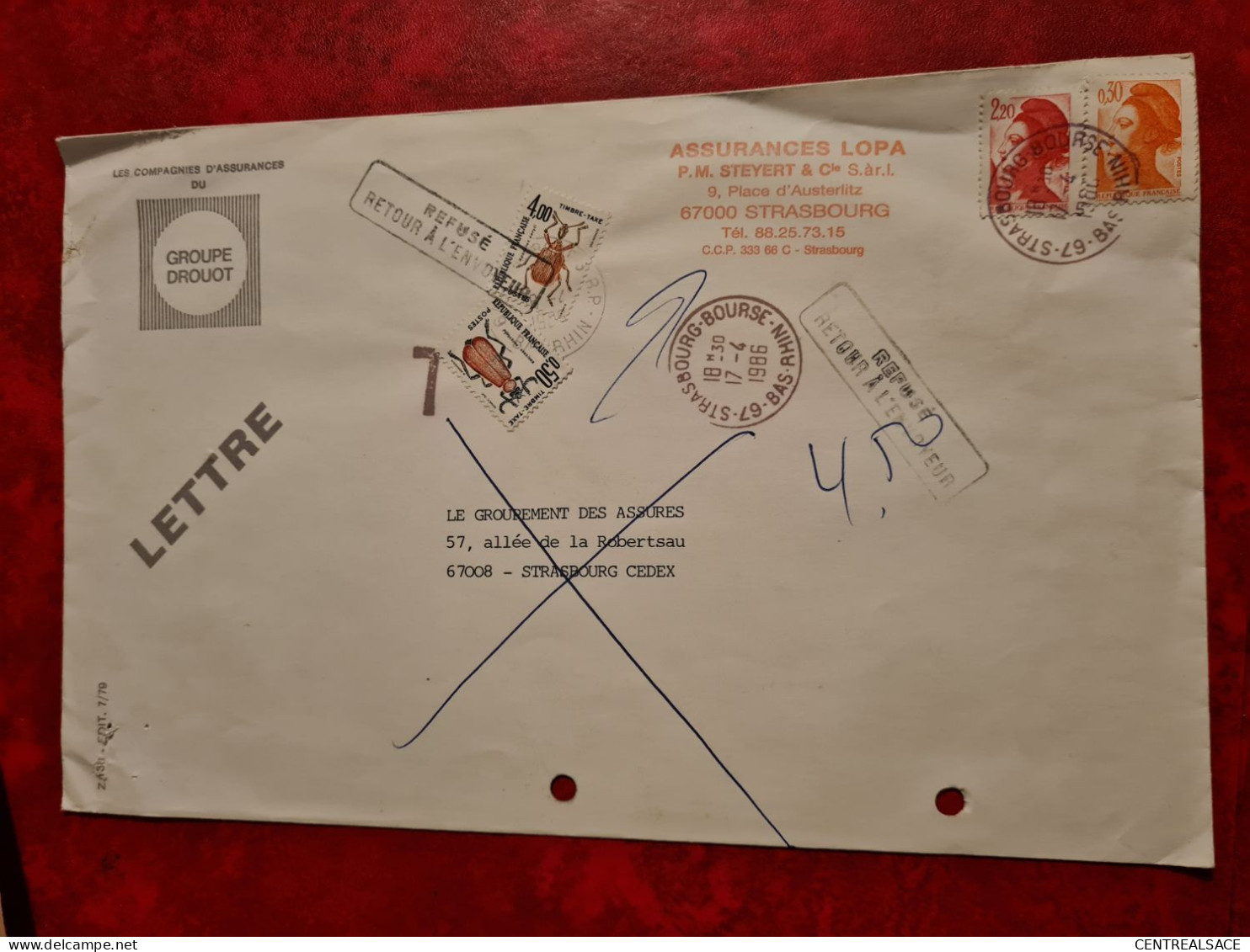 LETTRE 1986  STRASBOURG  BOURSE ENTETE ASSURANCES LOPA GROUPE DROUOT  REFUSE RETOUR  TIMBRES TAXE COLEOPTERES - Autres & Non Classés