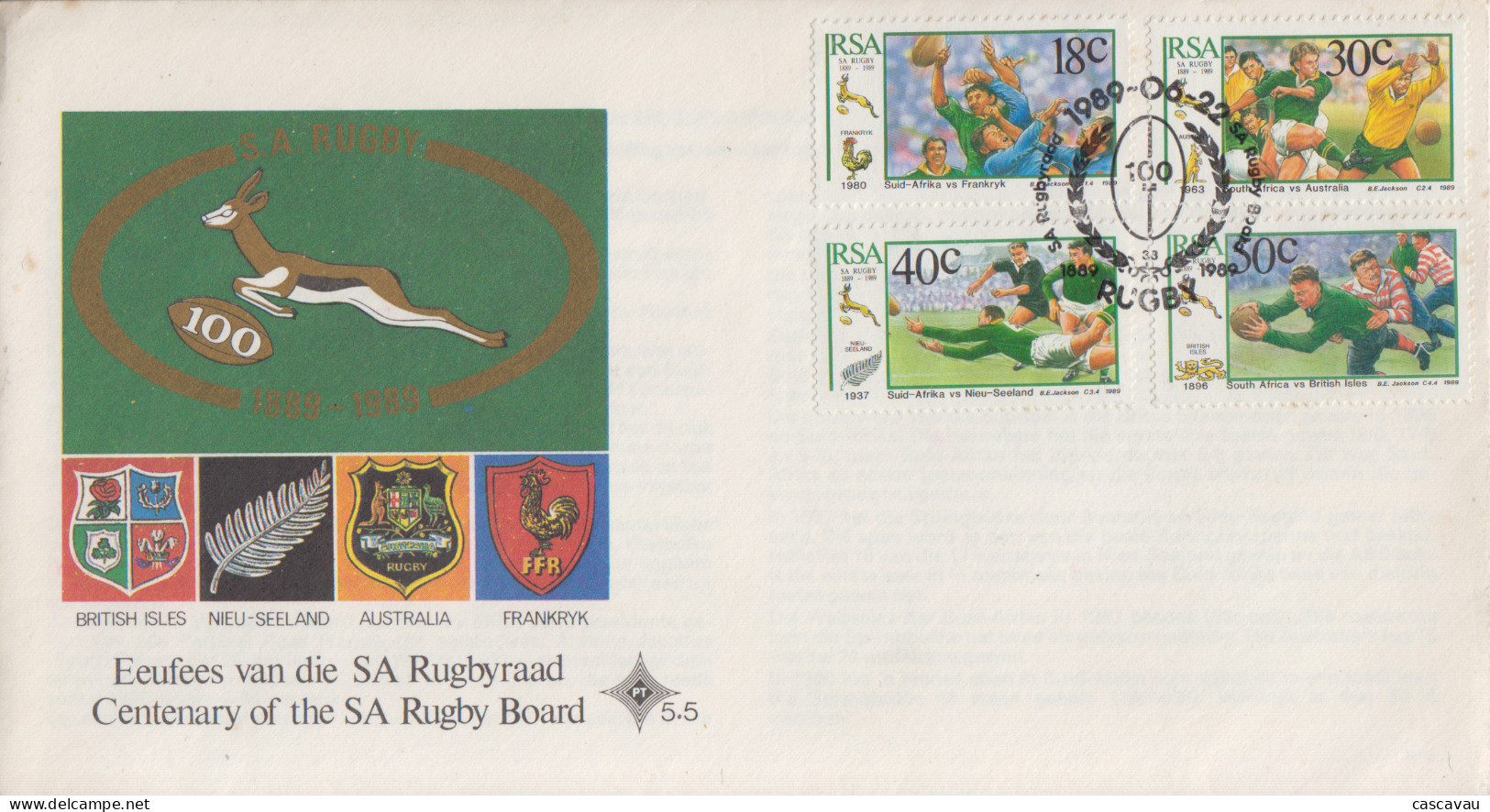 Enveloppe  FDC  1er  Jour    AFRIQUE  DU  SUD     Centenaire   De  La   Fédération   Sud - Africaine   De   RUGBY   1989 - Rugby