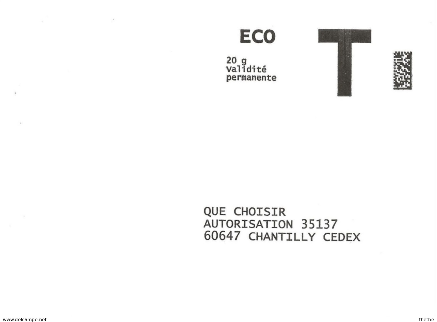 Enveloppe Réponse T - ECO - QUE CHOISIR  - 20 G Validité Permanente - Cards/T Return Covers