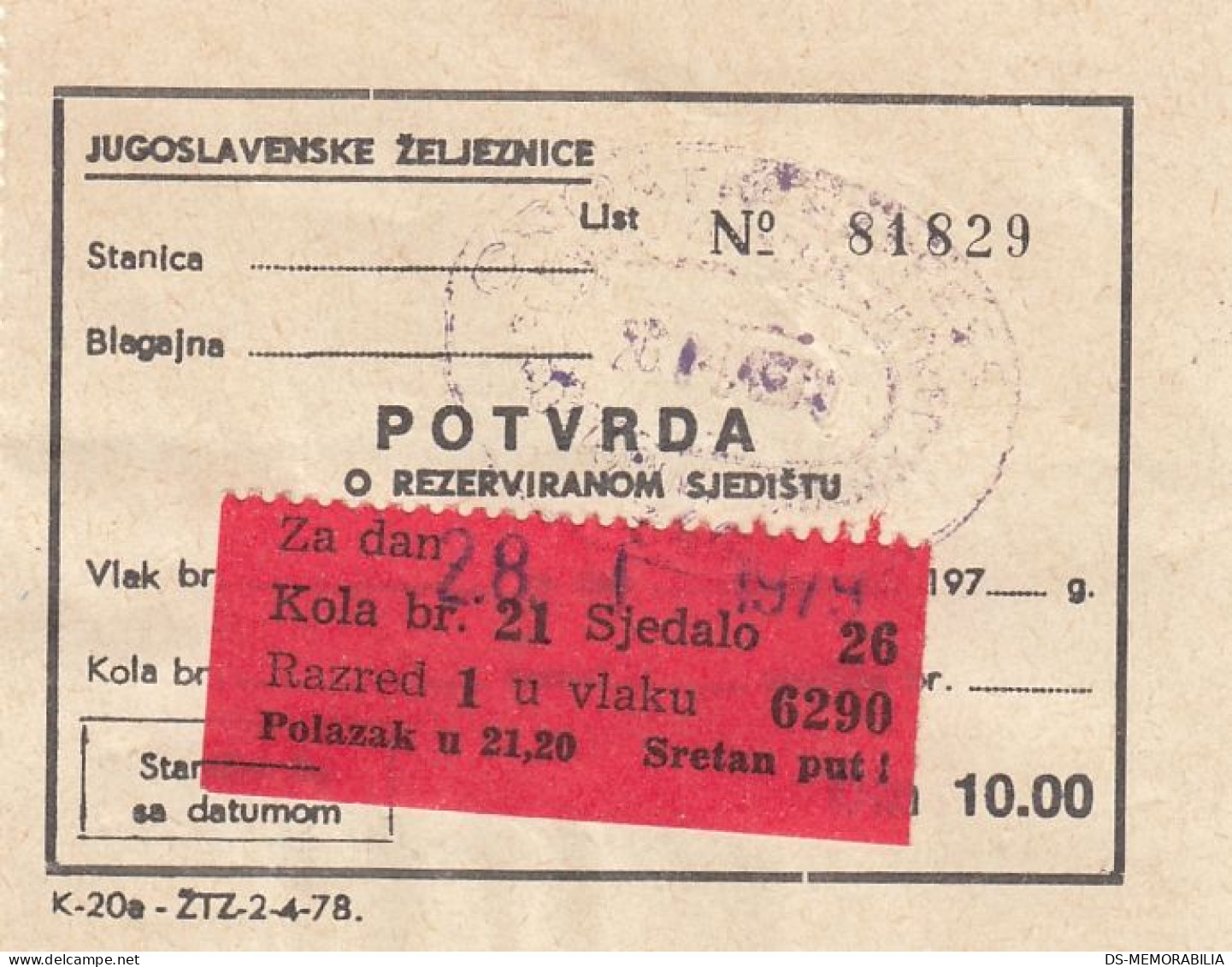 Yugoslavia Yugoslav Railways Train Ticket With Paid Seat Reservation 1978 - Europa