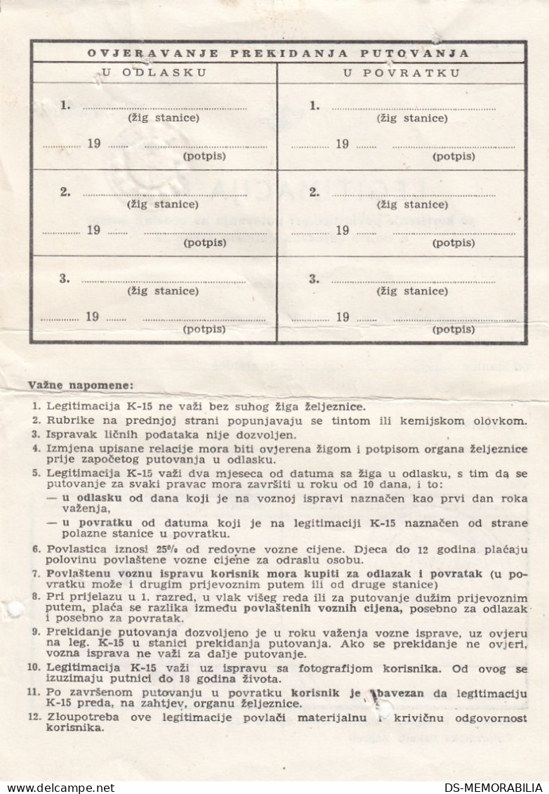 Yugoslavia Yugoslav Railways Train Ticket With Discount For Pensioners , Zagreb 1979 - Europe