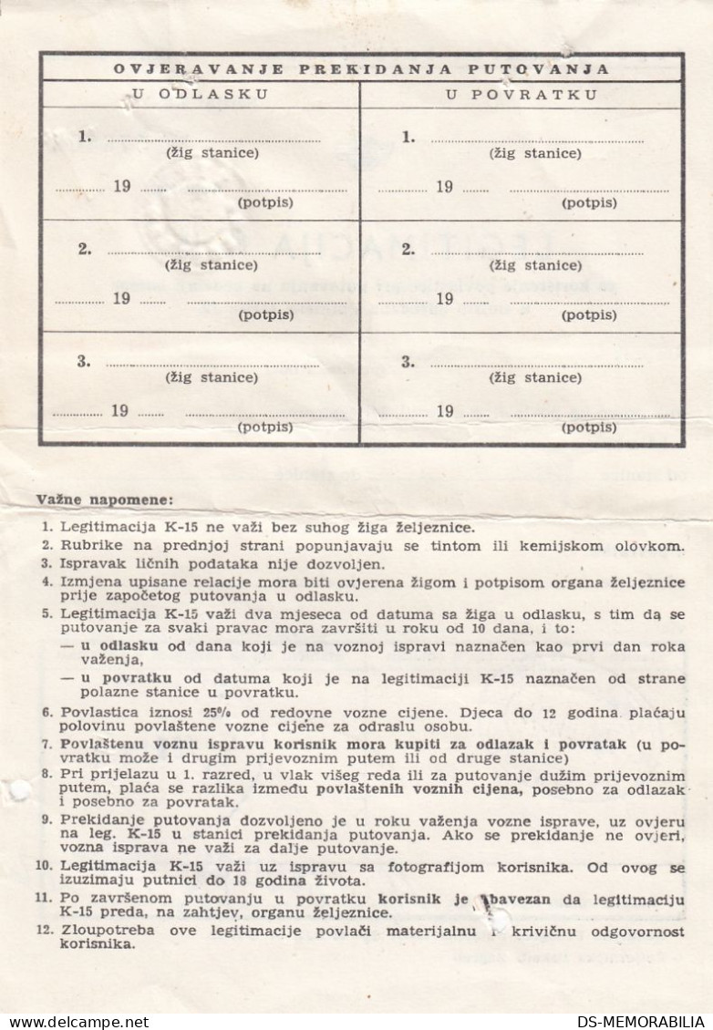 Yugoslavia Yugoslav Railways Train Ticket With Discount For Pensioners , Zagreb 1979 - Europa
