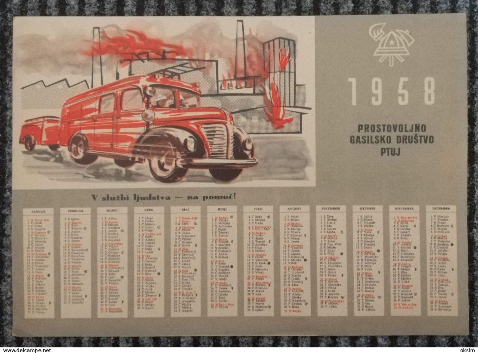 SLOVENIJA, KOLEDAR, CALENDAR, PROSTOVOLJNO GASILSKO DRUŠTVO PTUJ, 1958, Velikost/size 33.5x23.5 Cm - Big : 1941-60