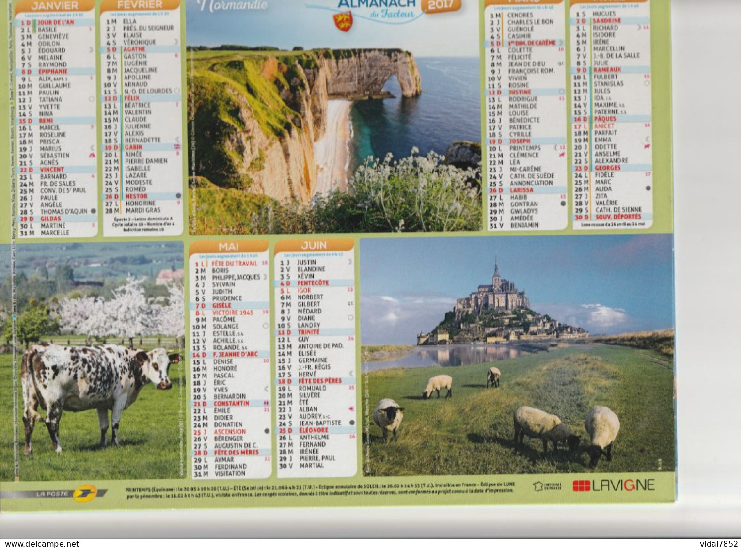 Calendrier-Almanach Des P.T.T 2017-NORMANDIE-BRETAGNE-Département AIN-01-LAVIGNE - Big : 2001-...