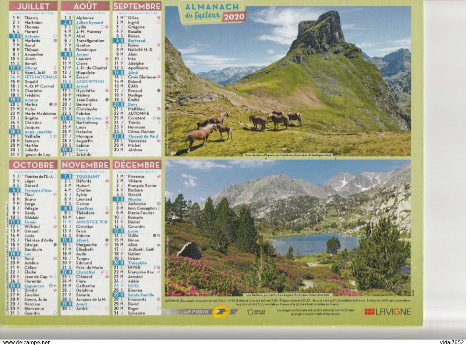 Calendrier-Almanach Des P.T.T 2020-Département AIN-01-LAVIGNE - Grand Format : 2001-...