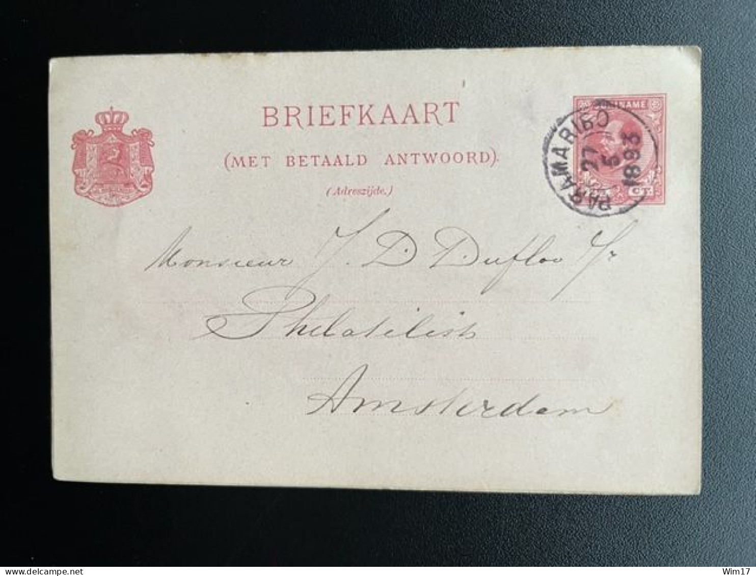 SURINAM 1893 POSTCARD PARAMARIBO TO AMSTERDAM 27-05-1893 SURINAME BRIEFKAART - Suriname ... - 1975