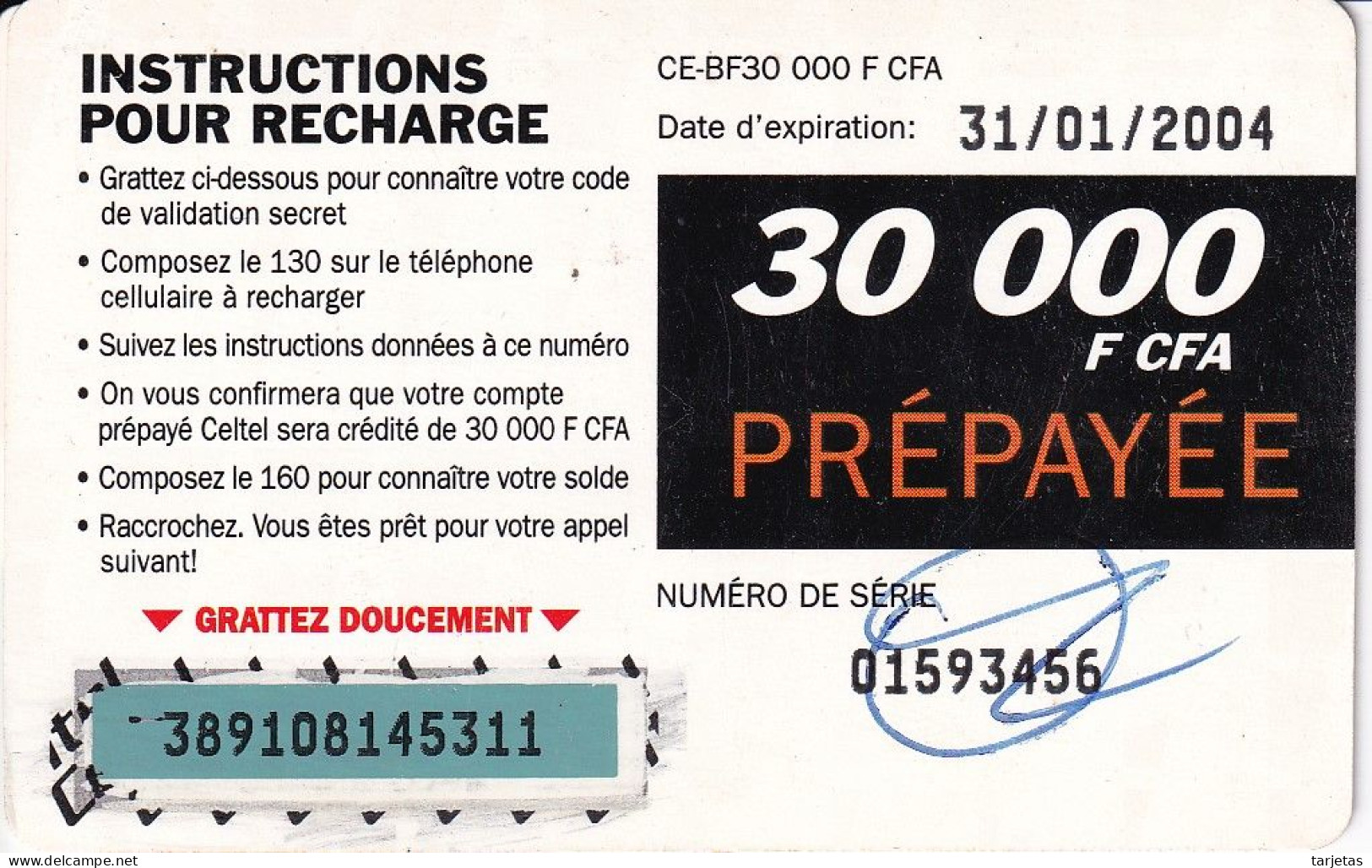 TARJETA DE BURKINA FASO DE 30000 FCFA DE CELTEL (HOMBRE-MAN) DATE 31/01/2004 - Burkina Faso