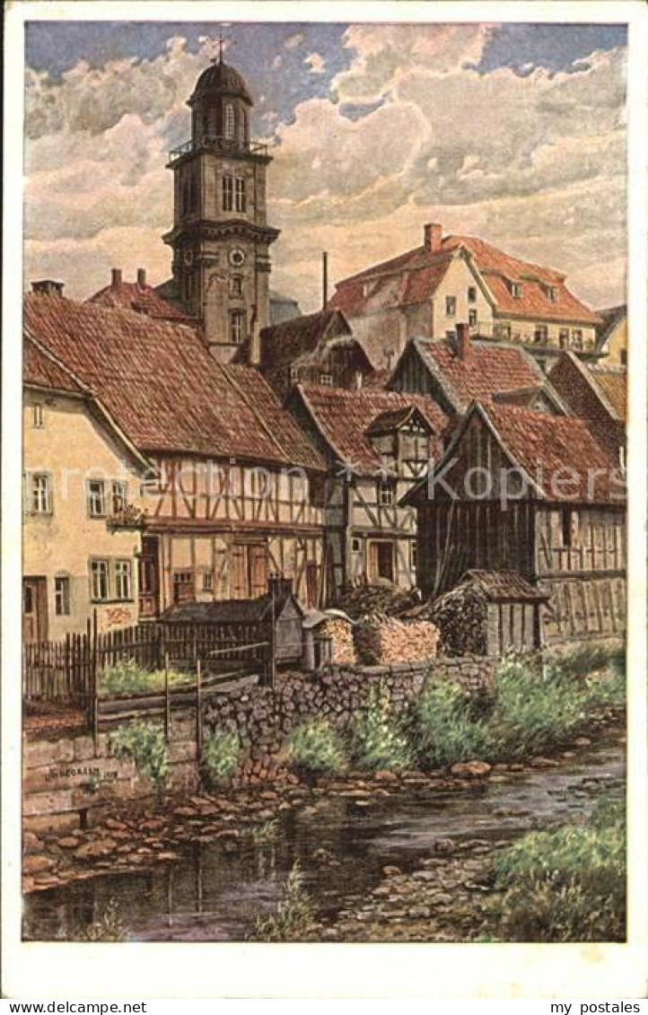 42585180 Lauterbach Hessen Haeuserpartie Am Bach Kirche Kuenstlerkarte Lauterbac - Lauterbach