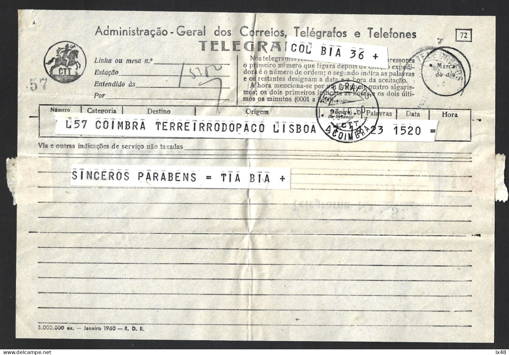 Impresso De Telegrama Com Obliteração 'Telégrafos De Coimbra' De 1960. Printout Of Telegram With Obliteration 'Telegr - Cartas & Documentos