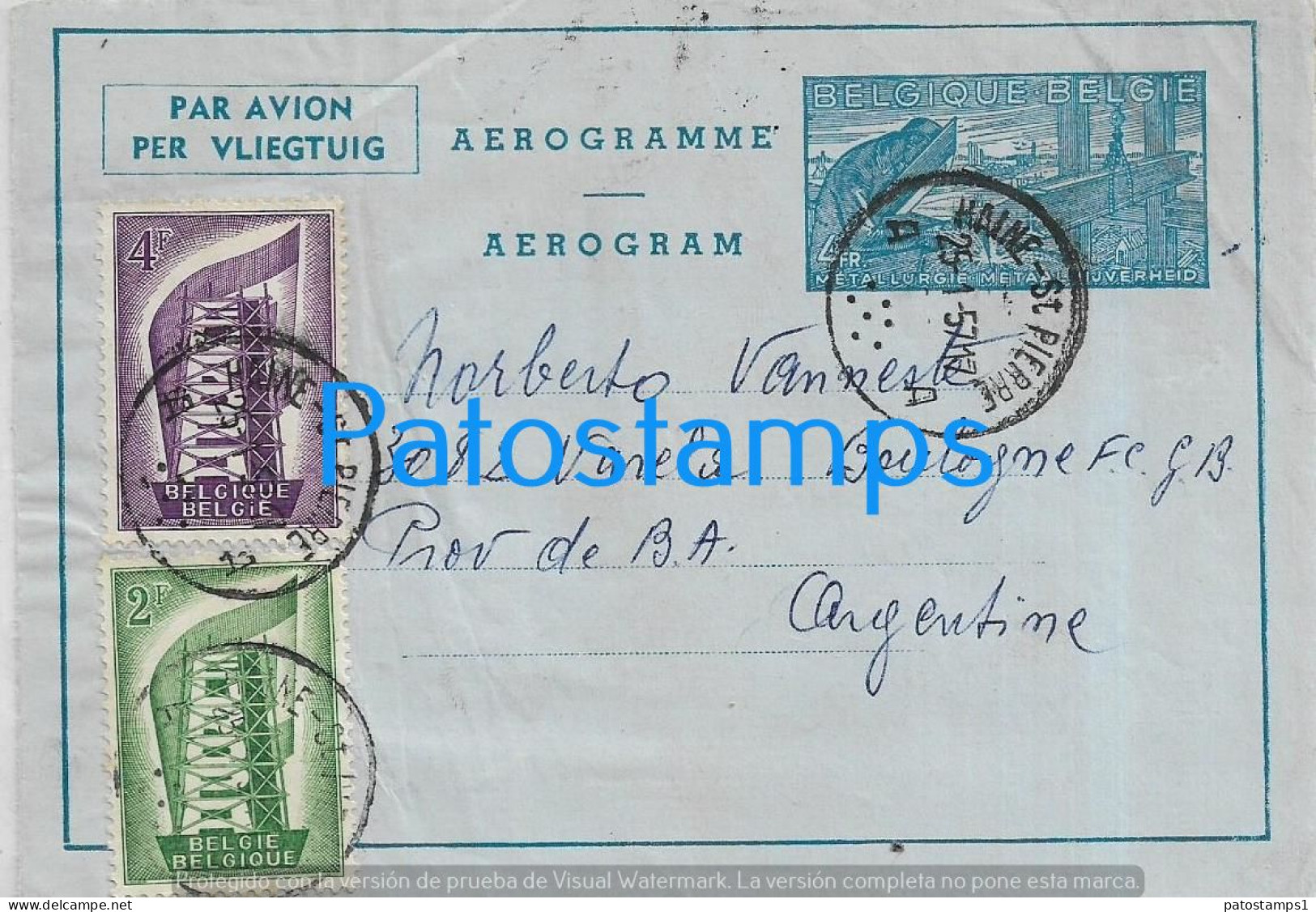 221489 BELGIUM COVER AEROGRAMME YEAR 1957 CIRCULATED TO ARGENTINA POSTAL STATIONERY C/ POSTAGE ADDITIONAL NO POSTCARD - Altri & Non Classificati