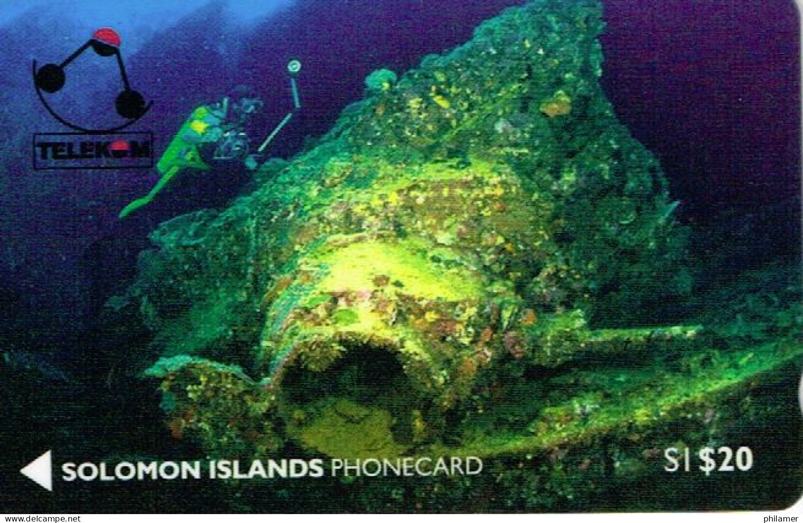 Salomon Salomons TELECARTE PHONECARD Anniversaire Bataille Guadalcanal 1942 Japanese Tank Bottom Ocean 20 Dollars Ut TBE - Solomon Islands